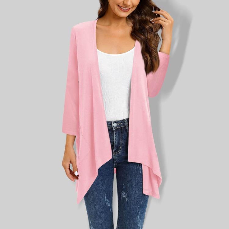Gradient Print Women's Cardigan Jacket With Pocket Irregular Three Quarter Sleeve
