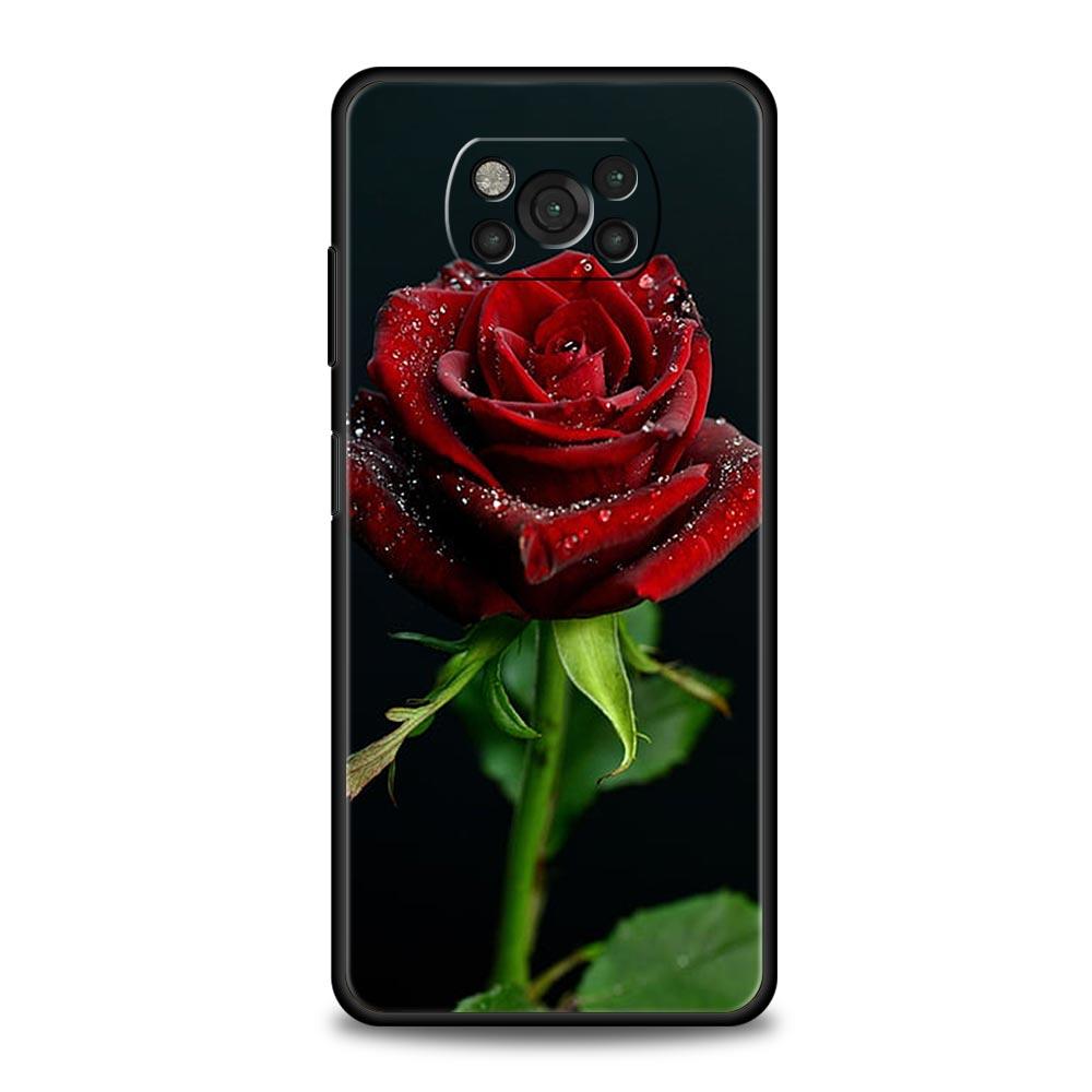 Phone Case For Xiaomi Poco X6 X5 X4 Pro 5G X3 NFC F5 F4 M5 M4 M3 F3 GT C51 C50 C55 Soft Black Cover Beautiful Red Rose Flowers