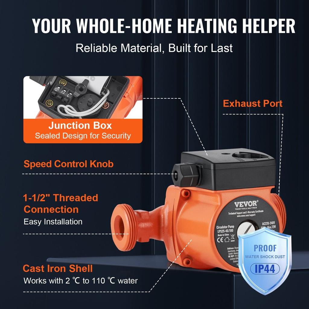 Vevor Hot Water Circulation Pump Cast Iron Recirculating Pump 220V 72W, 50 L/min Max Flow Rate, 4m Max Head Lift, 1-1/2" Threaded Connection, 2°c To