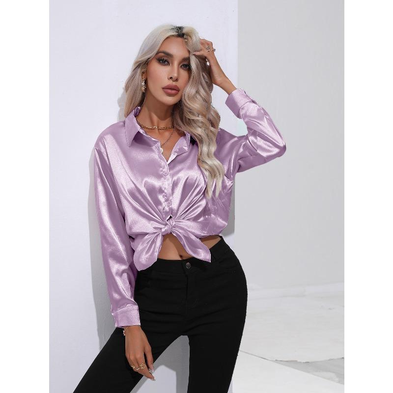 JPNTKY Women's Fashion Casual Solid Color Print Long Sleeve POLO Neck Blouses & Shirts