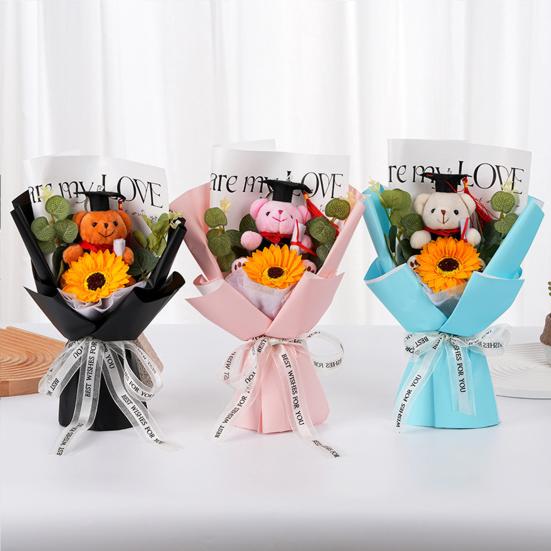 Studentgosedjurshjärte Virkad Solrosbukett Handstickad Garn Konstgjord Blomma med Studentgosedjur Dekoration Studentfest Presenter