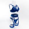 Women's Metallic Chain & Bandage Style Bra Set, Push-Up Corset with Steel Ring for Queen Role Play, Black and Blue