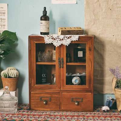 Rustic Vintage Mini Pine Counter Top Cabinet with Drawers, Antique Apothecary Spice Cabinet for Kitchen, Bathroom, Office Organization & Storage