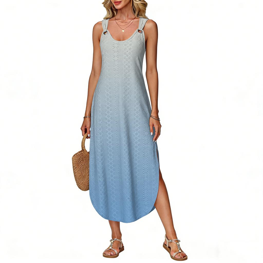 Women's Summer Long Dress, Sleeveless with Side Slits, Long Gradient Vest Dress