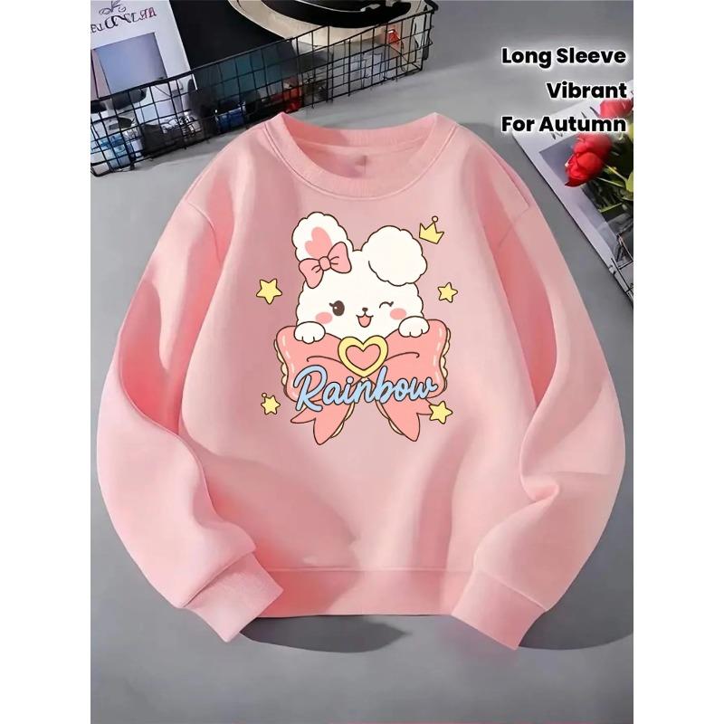 European Sizes Cute Bunny Rainbow Bow Star Crown Kids' Fashionable Crewneck Sweatshirt, Children's Long Sleeved T-shirt, Casual Multi Colored Option