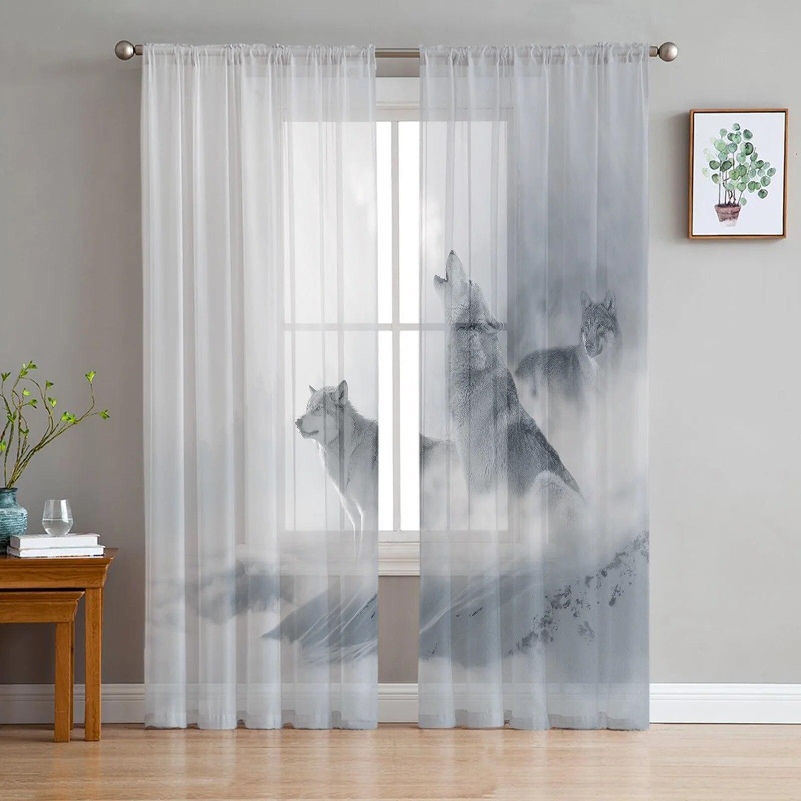 Dierlijke Witte Wolf Luxe Tule Gordijnen Moderne Woonkamer Keuken Chiffon Gordijn Slaapkamer Doorzichtig Vitrage Gordijn 135W x 137H(cm)