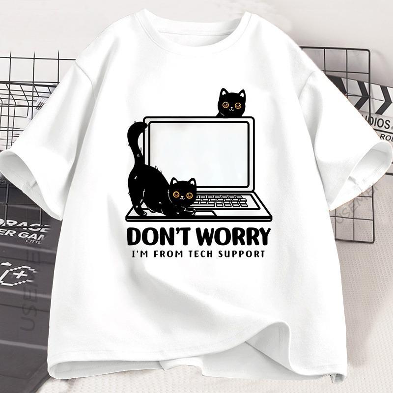 Summer New Don't Worry I'm From Tech Support Cat T Shirt Funny Cat T-Shirt Cat Lover Tee Gift Clothes Summer Cotton Short-sleeve