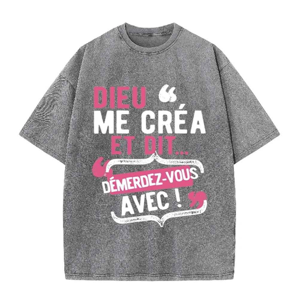 2026 Vintage Acid Wash French Letter Print T Shirt Unisex Oversized Crew Neck Drop Shoulder Short Sleeve Tee Retro Streetwear Su