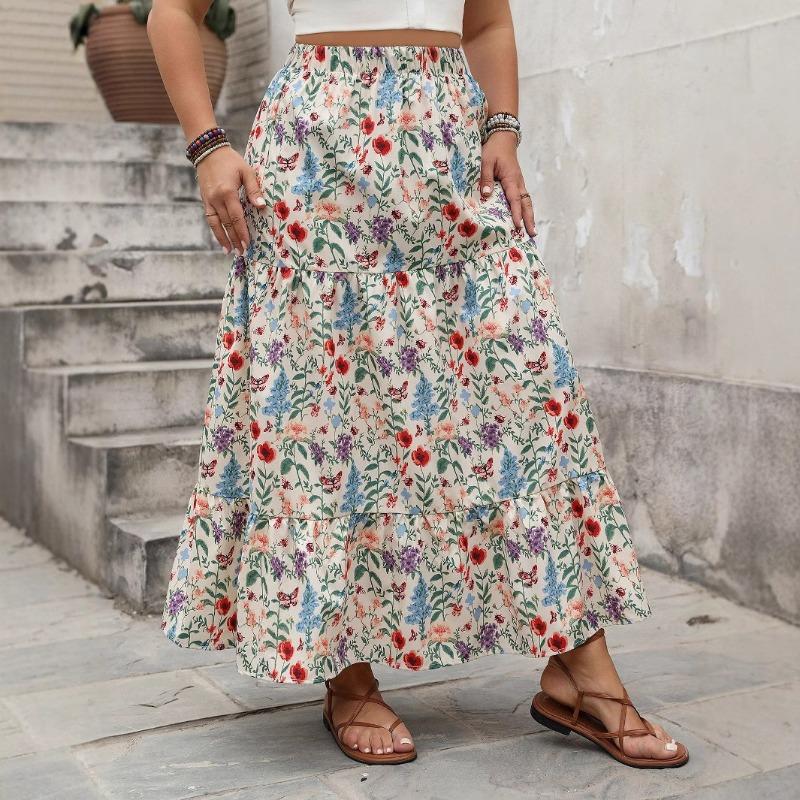 Women's Spring and Summer Leisure Vacation Skirt Big Flower Garden Style Skirt