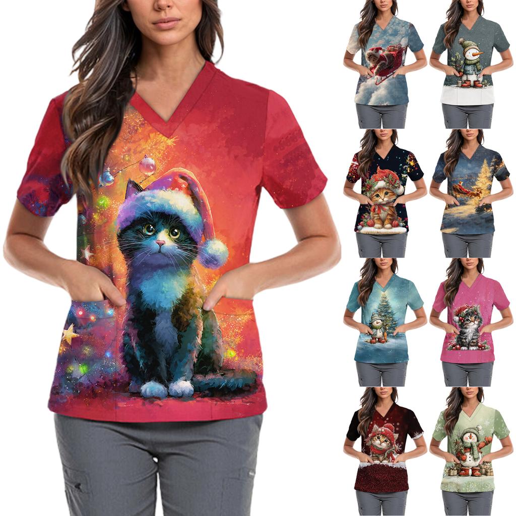 Women's Cute Bow Printed Work Clothes V-neck Double Layer Pockets Basic Short Sleeve Top Pullover