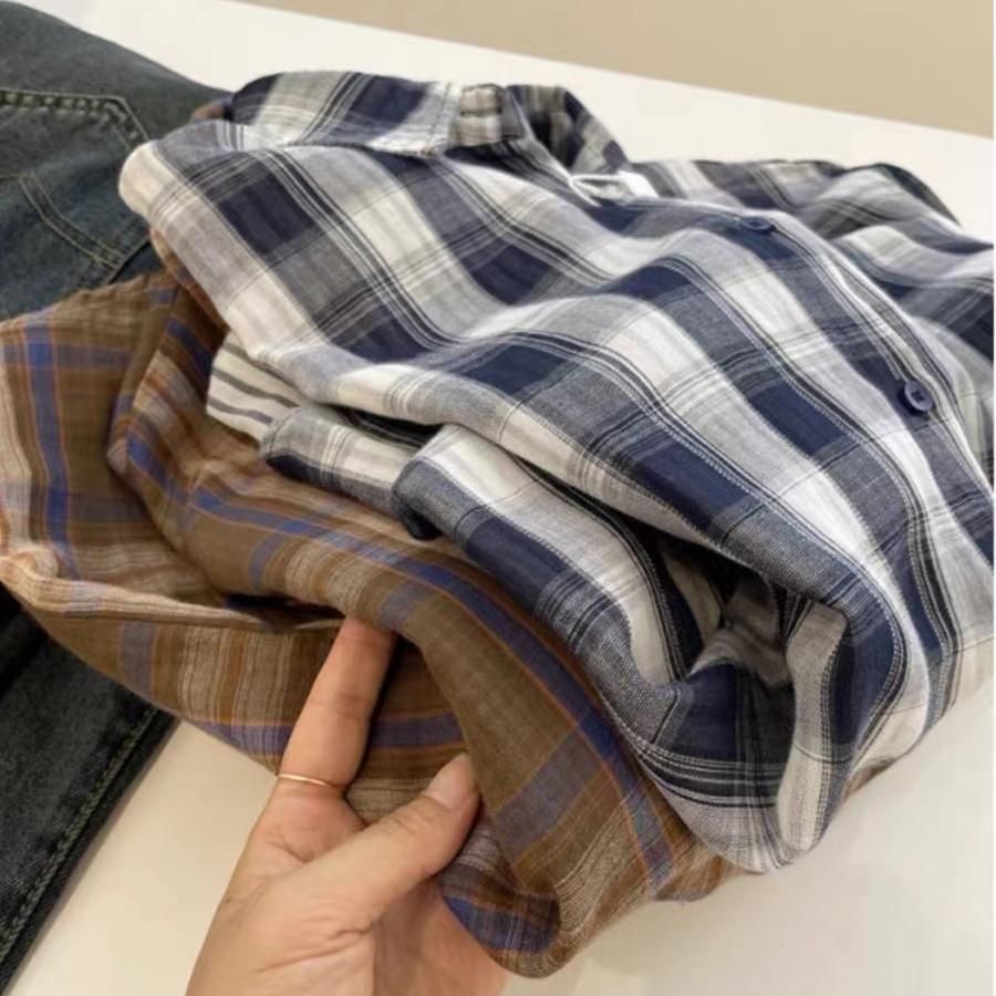 Women Casual Retro Plaid Long Sleeved Shirt French Lazy Style Autumn Loose Versatile Cardigan Fashionable Lapel Single Breasted Blouse