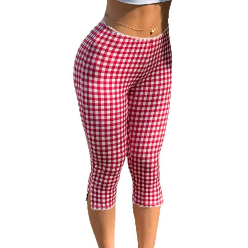 Frühling und Sommer Damen Rote Karomuster Gestrickte Stretch-Leggings Lässige Hosen Trendige Damen Gingham-Muster Capri-Leggings