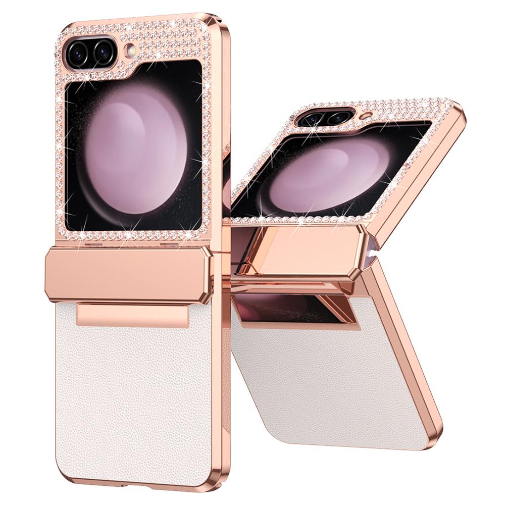 For Samsung Galaxy Z Flip7 FE 5G/Flip6 5G Case Rhinestone Decoration Electroplating PU Leather+PC Phone Cover