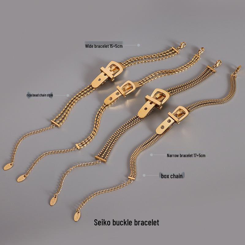 Damski pozłacany 18-karatowym złotem zegarek bransoletka ze stali tytanowej z skórzaną klamrą i łańcuszkiem pudełkowym z koralikami ryżowymi