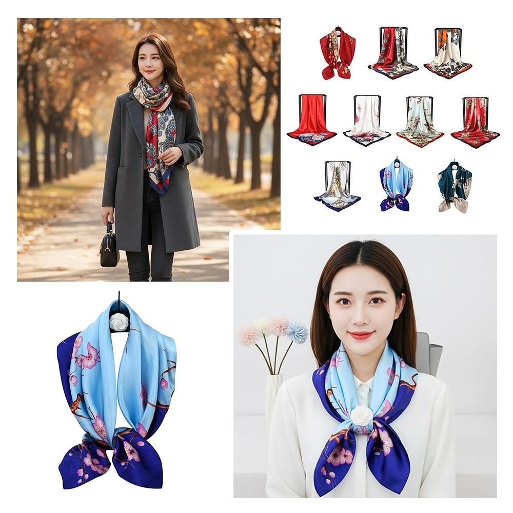 90*90cm Hijab Scarf Floral Pattern Neckerchief Simple Silk Square Scarf