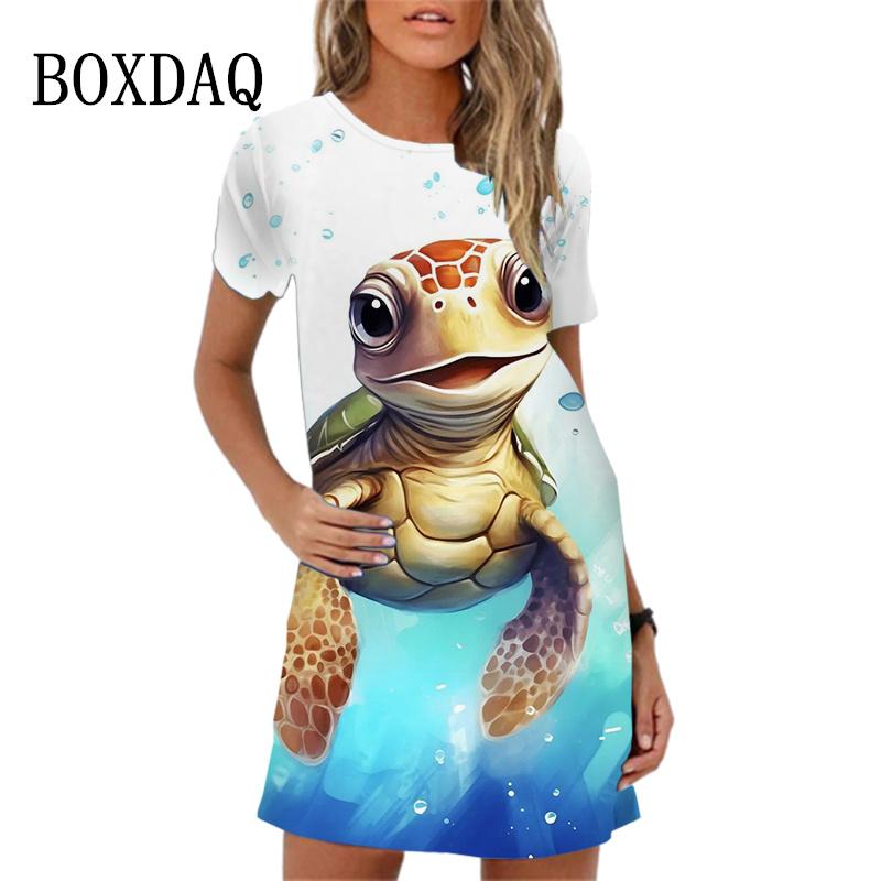 Women Dress Streetwear Clothing Casual Loose Short Sleeve O-Neck Mini Dress Fish Octopus Crabfish Pattern Woman Dresses