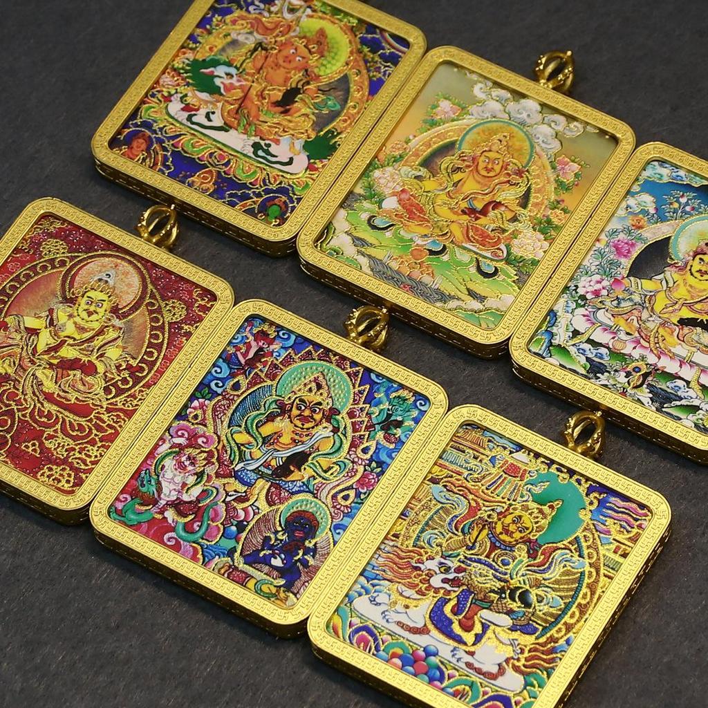 Tibet Mahakala Gold-Plated Thangka Pendant with Yellow Wealth God & Fox Fairy Design