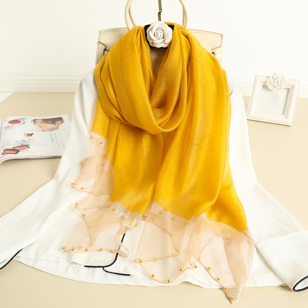 Solid Beading women scarf summer silk scarves lady shawl wrap hijab foulard female bandana pashmina Pearl jewel headband