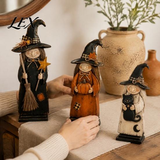 Festival Atmosphere Decorative Accents Wooden Witch Ornament, Retro Halloween Figurine with Broom/Pumpkin/Black Autumn Seasonal Decorations for Mantle