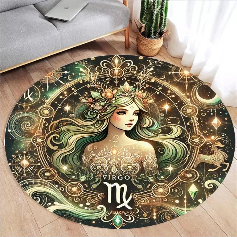 Zodiac Print Round Rugs Kids Room Floor Mats Non-Slip Living Room Rugs Washable Flannel Carpet for Home Decor Mat