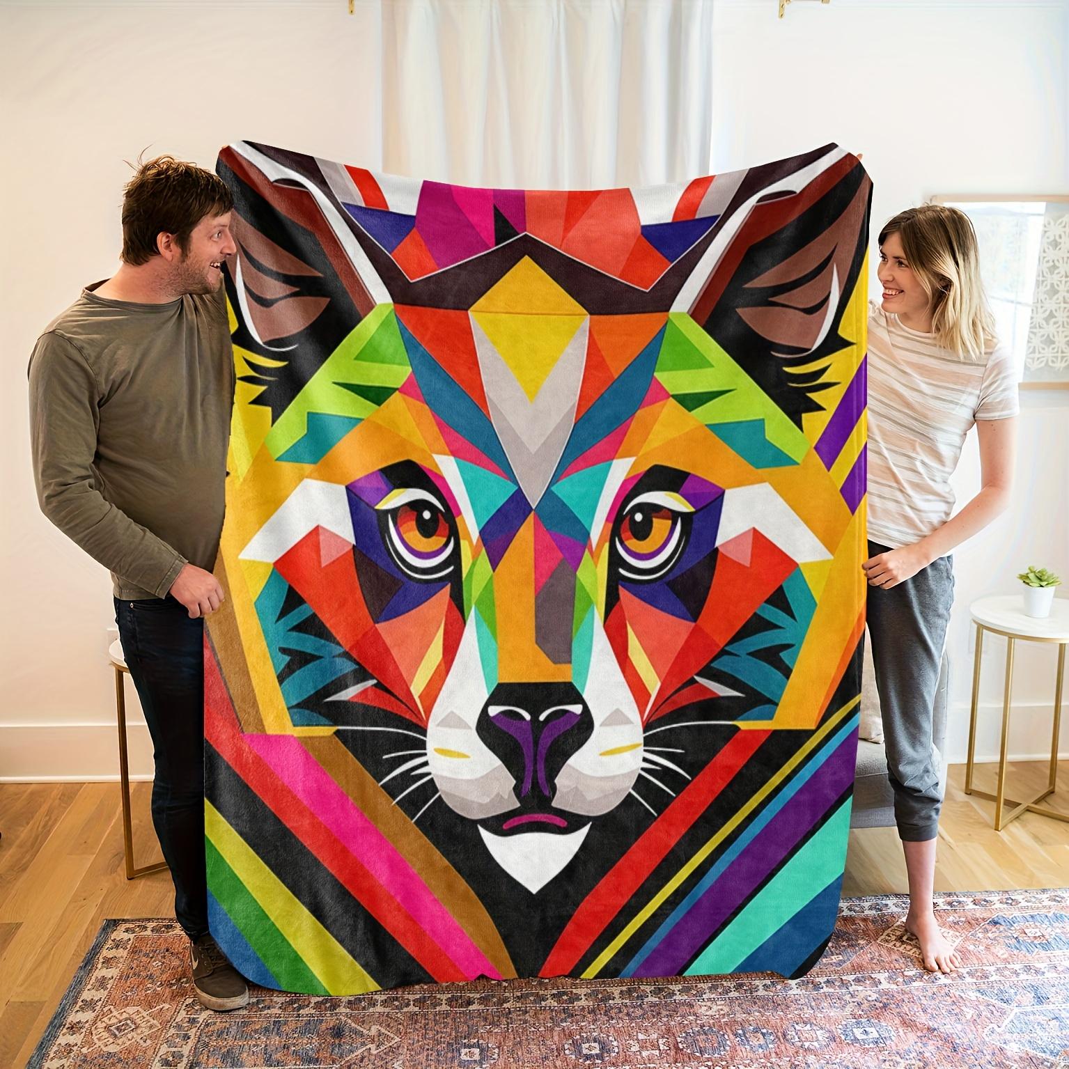 

1pc Bohemian Style Wolf Head Geometric Patchwork Flannel Blanket, Soft Polyester, All-Season Comfort, Machine Washable, Vib 130x150cm51x59in