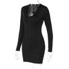 Vestido da moda sexy europeu e americano para mulheres na primavera e verão, com zíper no peito, decote V, mangas compridas, que molda o quadril