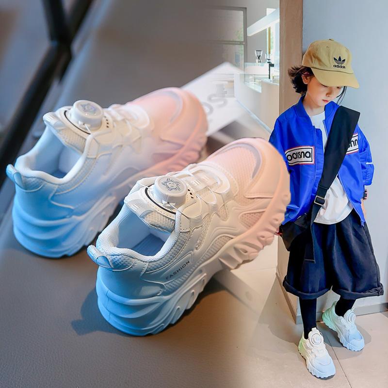 Girls' Sports Shoes Spring and Autumn New Children's Little White Shoes with Rotating Button Ultra Light and Thin Mesh Breathable Single Mesh Shoes