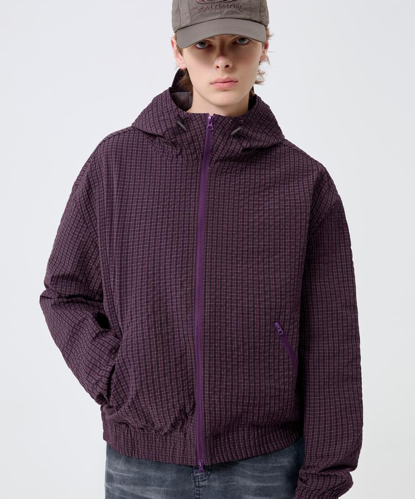 TRILLION Check Pattern Hooded Zip-Up Windbreaker_3Color