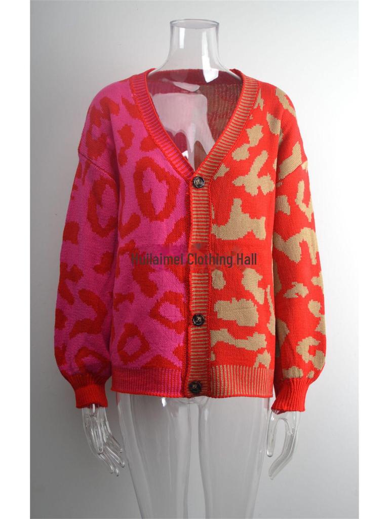 European & American Leopard Print Knitted Cardigan: Autumn/Winter, Mid-Length, Round Neck, Single-Breasted, Streetwear Style, Plus Size Sweater