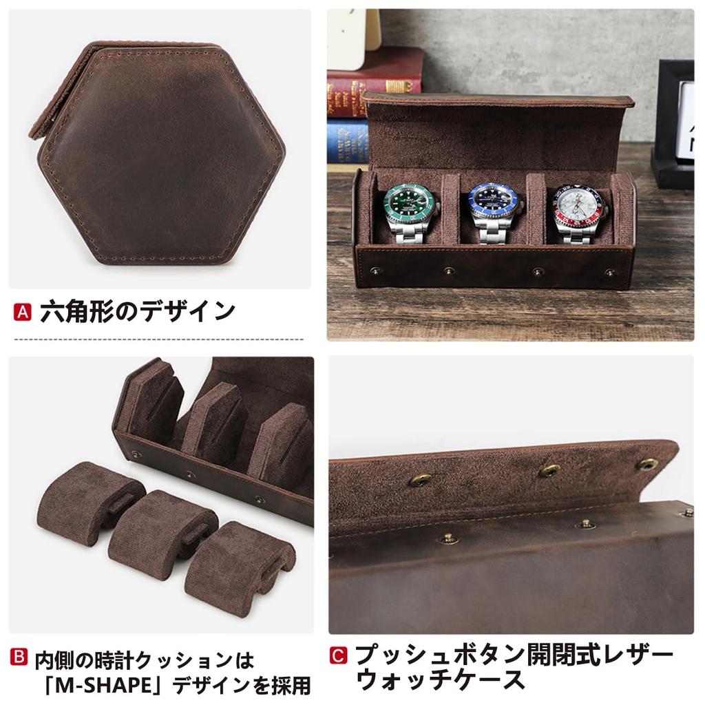 Hiram Hexagonal Genuine Leather Watch Watch Storage Waterproof and Shockproof Leather Watch Case for Travel and Storage 3-Watch Roll, Box,