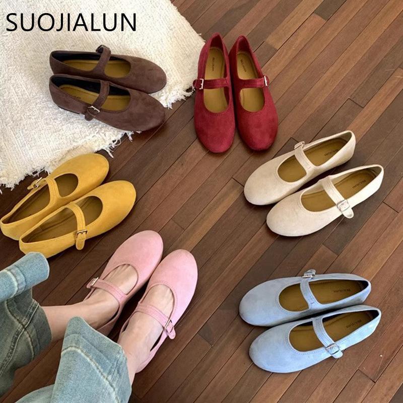 Fashion SUOJIALUN Spring New Brand Women Flat Shoes Fashion Round Toe Ladies Elegant Mary Jane Shoes Soft Flat Heel Dress Single Shoes