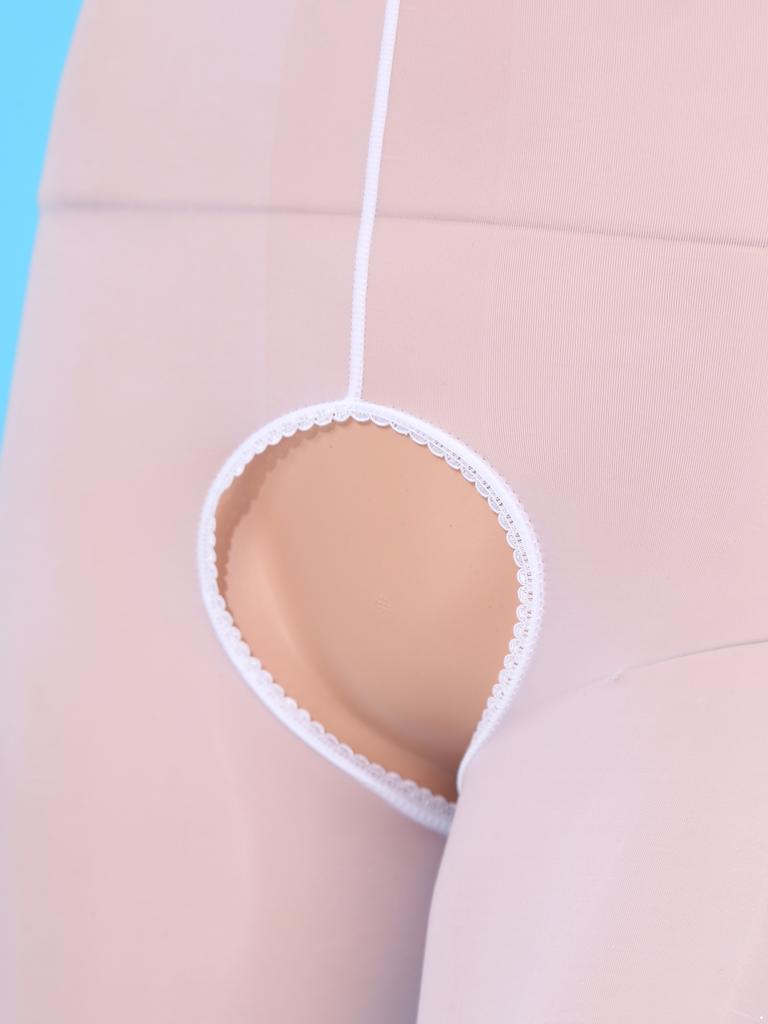 Damska błyszcząca prześwitująca body-pończocha z długim rękawem, otwarta w kroku i na biuście