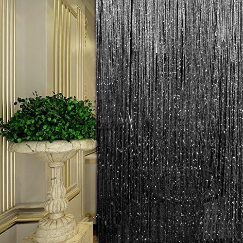 Door Fringe Curtain Door Curtains,Rare Flat Silver Ribbon,Thread Fringe Window Panel Room Divider Cute Strip Tassel Party Events Sequin(1Pack, Black)