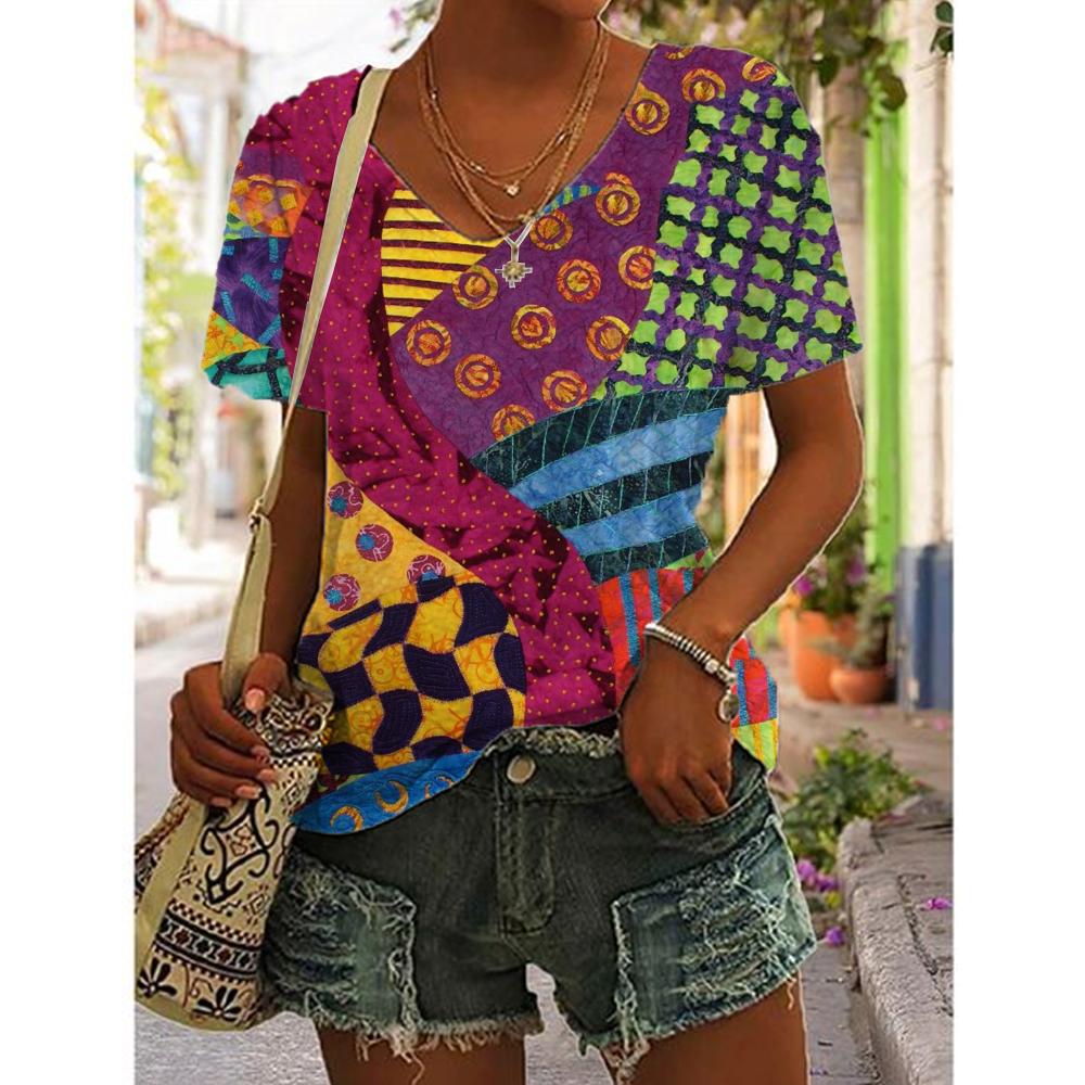 Summer Patchwork 3D Print T-shirt Women Streetwear Casual T Shirts Tops Woman Harajuku V-Neck Tees Oversized Clothing S