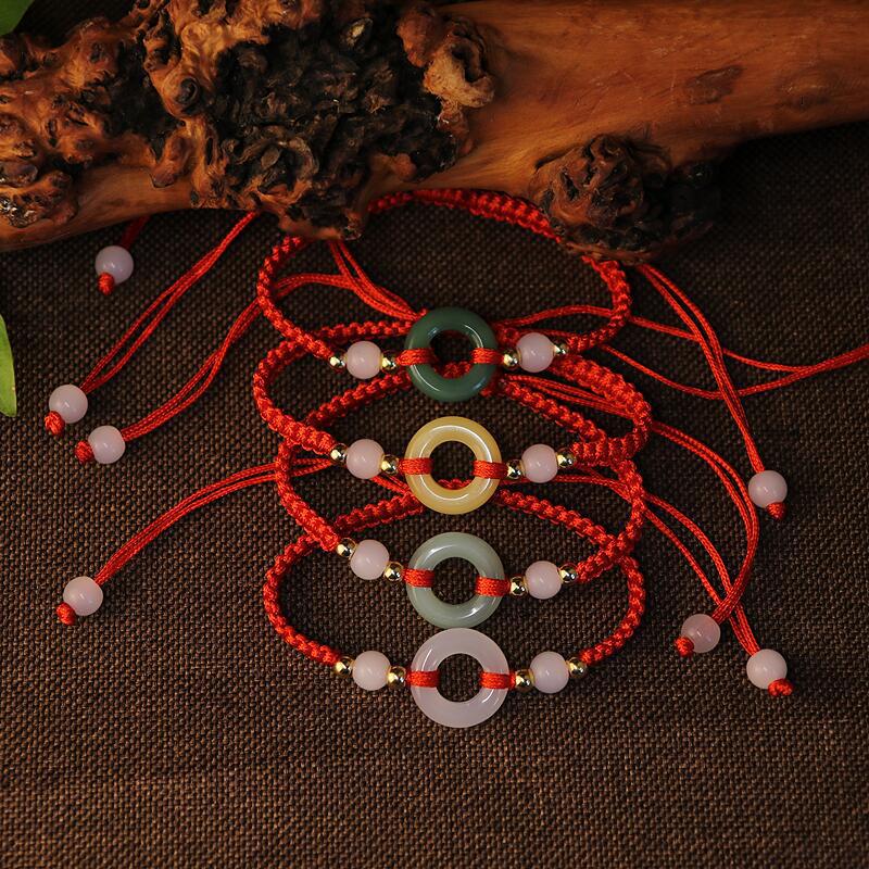 Year of the Snake Red Jade Circle Lucky Bracelet for Benming Year Gift | Unisex Transshipment Handwoven Rope