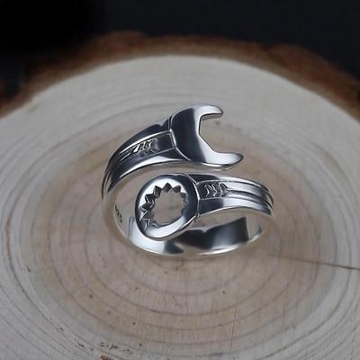 Trendy Men's Retro Wrench Ring: Aged Imitation Thai Silver Tool Finger Ring, Hip Hop Style, Adjustable Open Index Finger Design