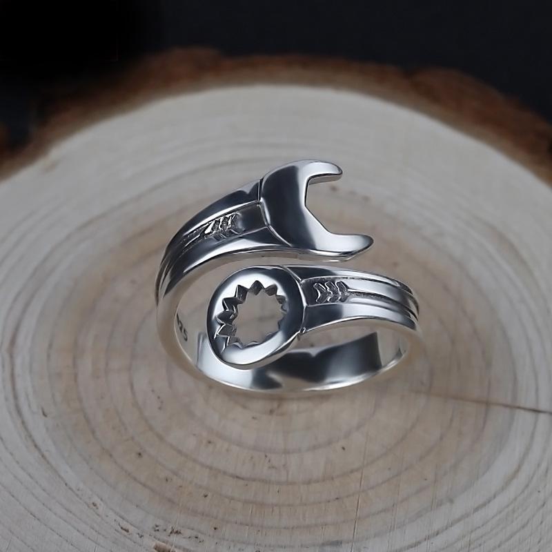 Trendy Men's Retro Wrench Ring: Aged Imitation Thai Silver Tool Finger Ring, Hip Hop Style, Adjustable Open Index Finger Design
