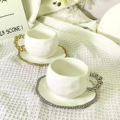 Hand-squeezed Irregular Ceramic Coffee Cups and Saucers, Gold-plated Bead Edge Handle Afternoon Tea Cups and Saucers