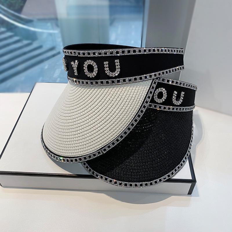 

Spring and summer temperament rhinestone alphabet straw empty top hat children s fashion outdoor travel visor women s sun protection Adult (56-58cm) чорний