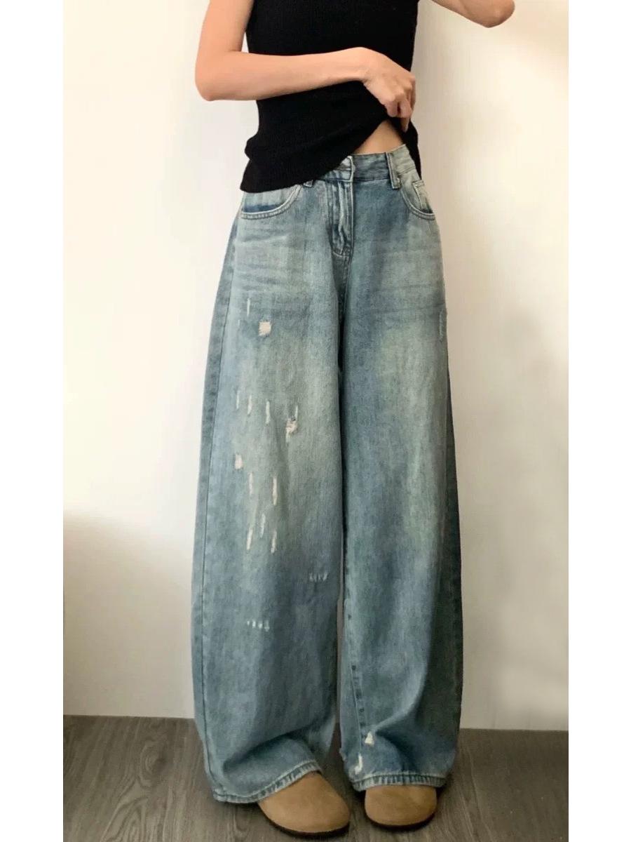 

Женские летние джинсы с высокой посадкой, вареные, с широкими штанинами, 2024 S синий