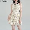 VONDA Women Summer Sleeveless Polka Dots Slim Waist Ruffled Pleated Dress