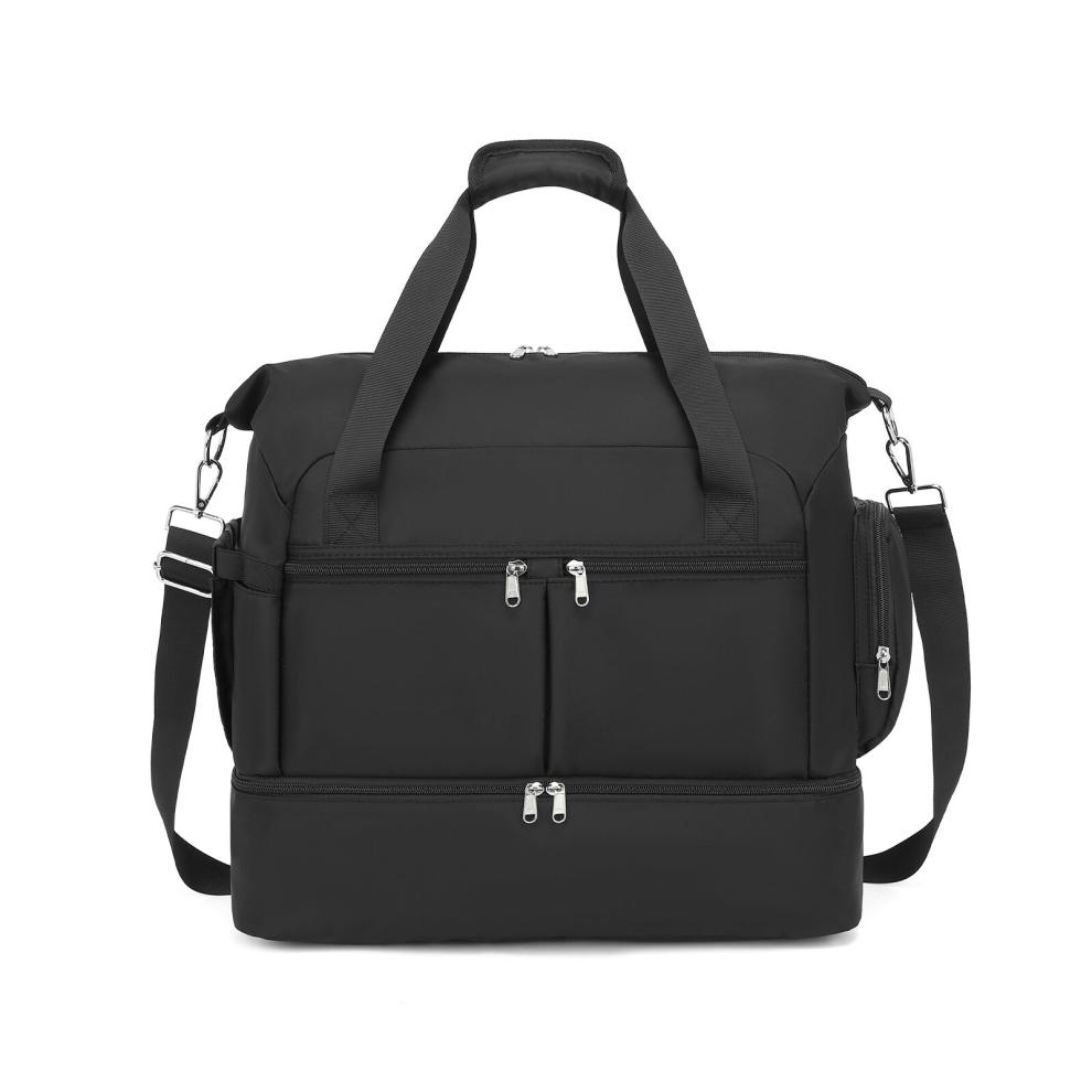 (Black) Waterproof Multi-Pocket Travel Duffel Bag Set With Dedicated Shoe Compartment