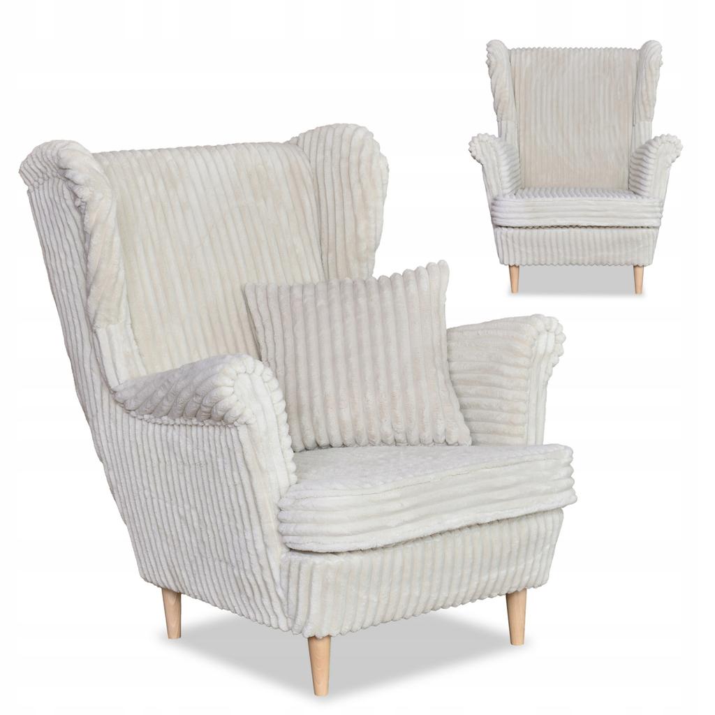 Fotel uszak Rene skandynawski Family Meble beżowy sztruks paski modny