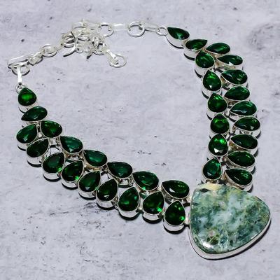Natural Seraphinite, Peridot Gemstone 925 Sterling Silver Necklace 18" K9h30