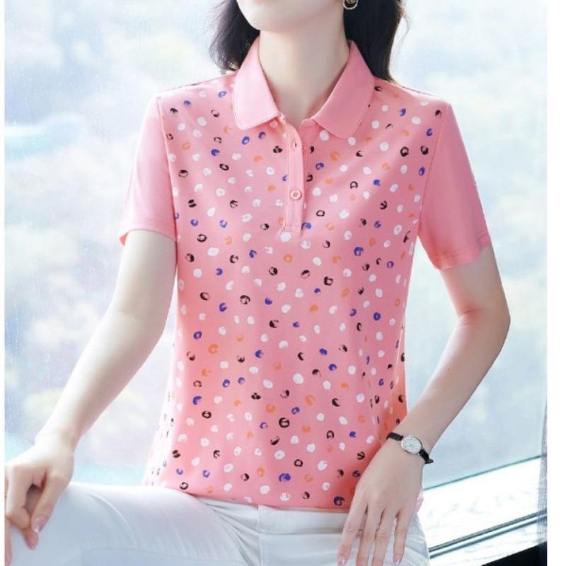 Women Colorful Polka Dot Print Short Sleeve Polo Shirt Turn Down Collar Half Placket Casual Blouse