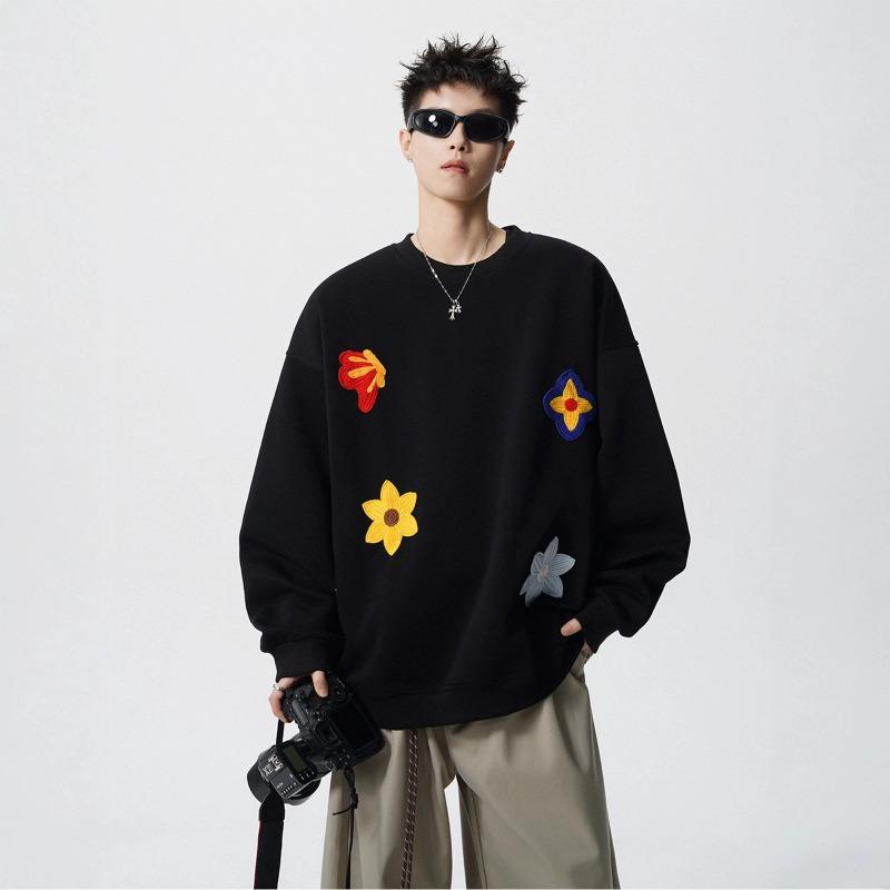 Pull épais à col rond imprimé floral marque automne et hiver ample décontracté beau voyou vêtements noirs
