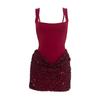 Rochie bodycon patchwork cu paiete, de culoare roșu-vin, cu bretele subțiri