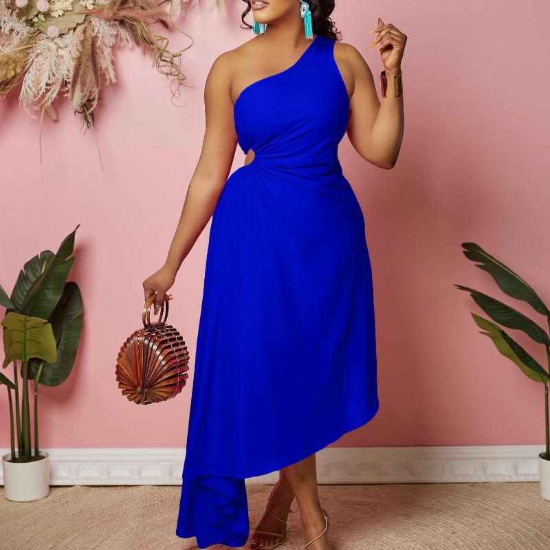 Solid Color One Shoulder Cutout Irregular High Waist Plus Size Sexy Long Dress For Women