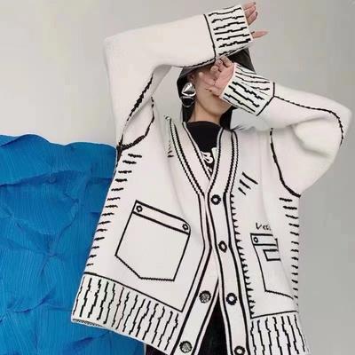 Graffiti-Print Gestrickte Cardigans Damen Langarm V-Ausschnitt Pullover Herbst Winter Mode Lässiger Lockerer Mantel mit Knopf