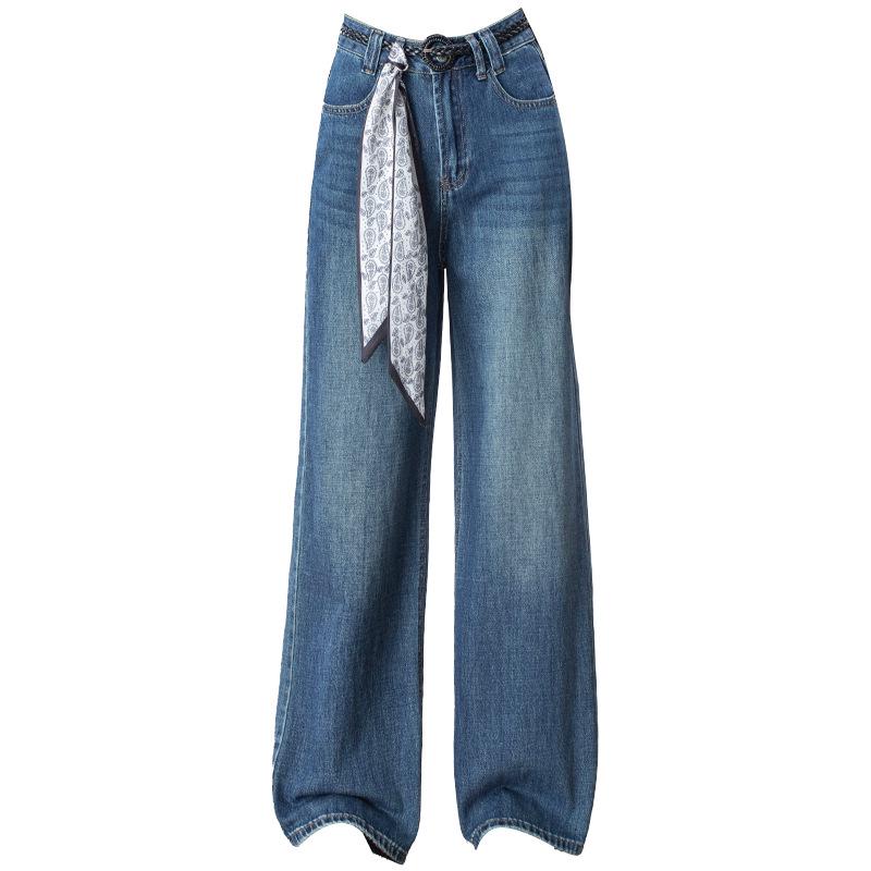 Trendy Autumn 2025 Women's High-Waisted Wide-Leg Jeans with Ribbons - Slimming, Versatile Korean Style.
